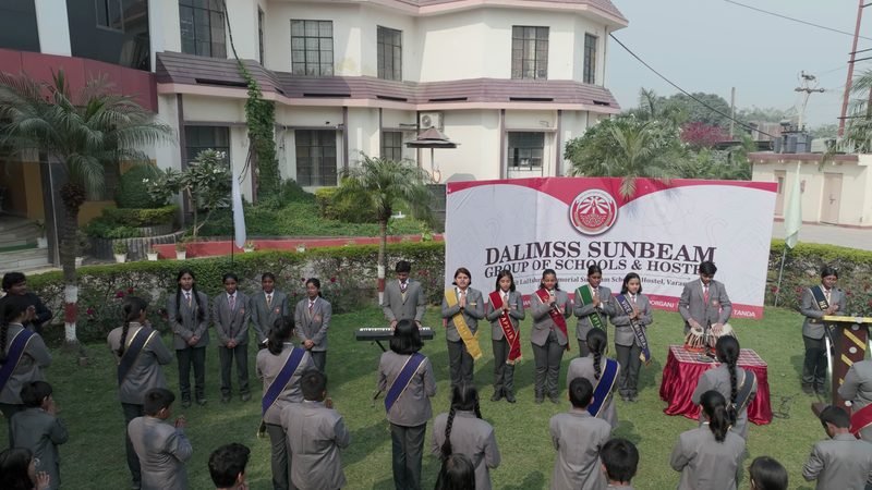 Aerial view of the morning assembly stage and the Dalimss Sunbeam banner, Rohania