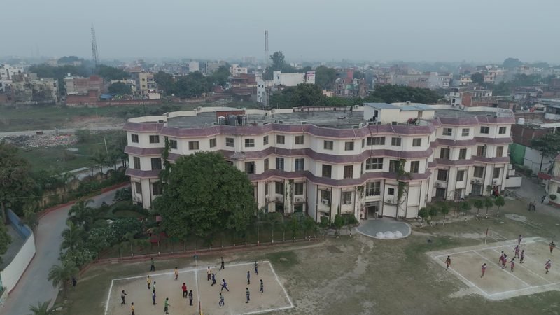 Aerial view of the hostel building on the Dalimss Sunbeam Rohania campus