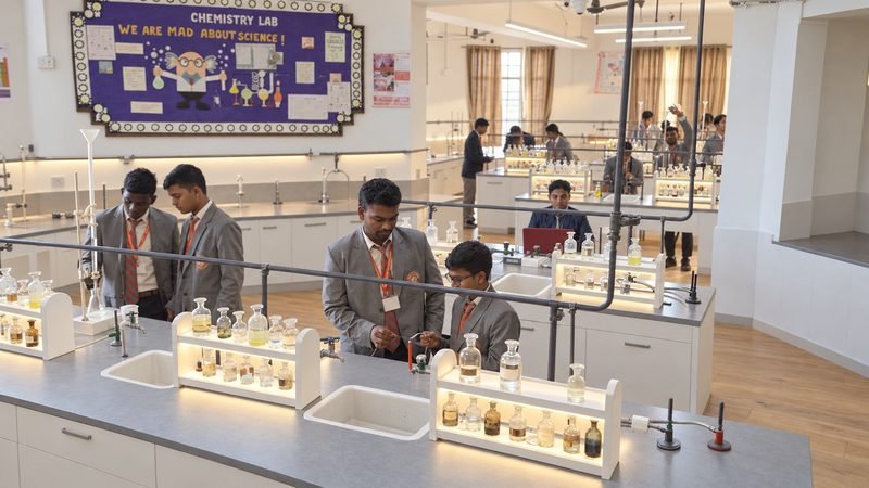 Students and teachers at work benches in the chemistry lab