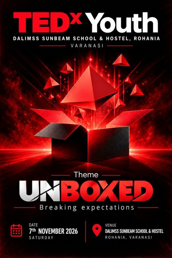 Poster for TEDxDalimss Sunbeam Schools Youth 2026, theme UNBOXED: Breaking Expectations, Saturday 7 November 2026, Rohania, Varanasi